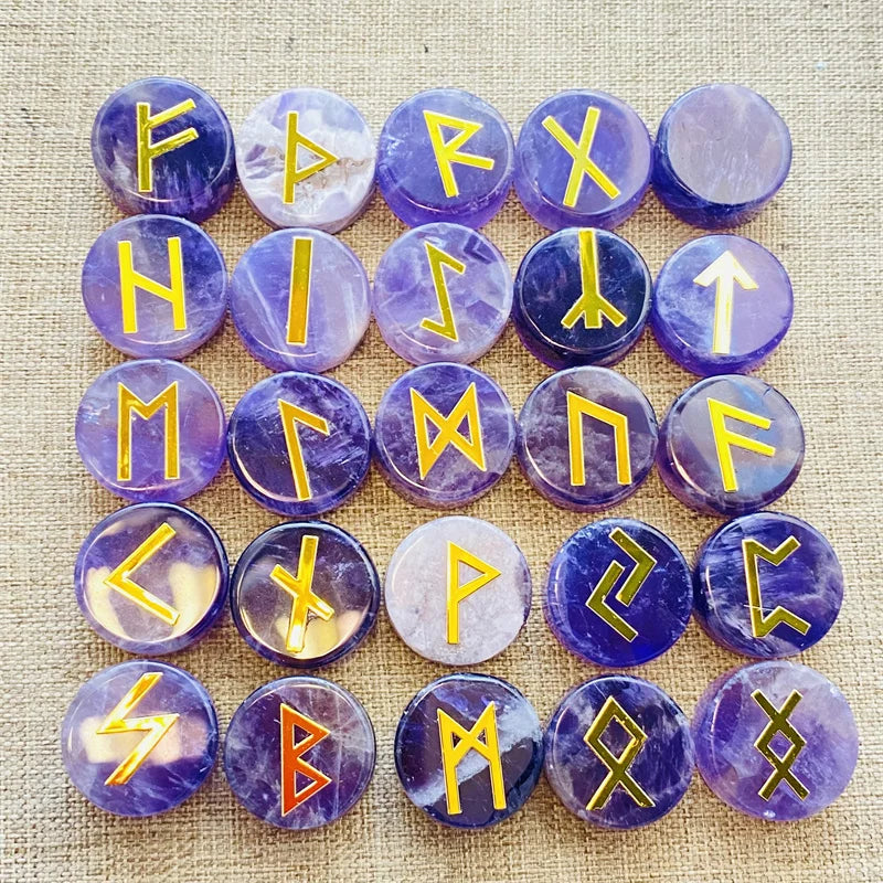 Jogo de Runas 25 Peças de Pedras Naturais: Ametista, Quartzo Rosa e Ágata Musgo