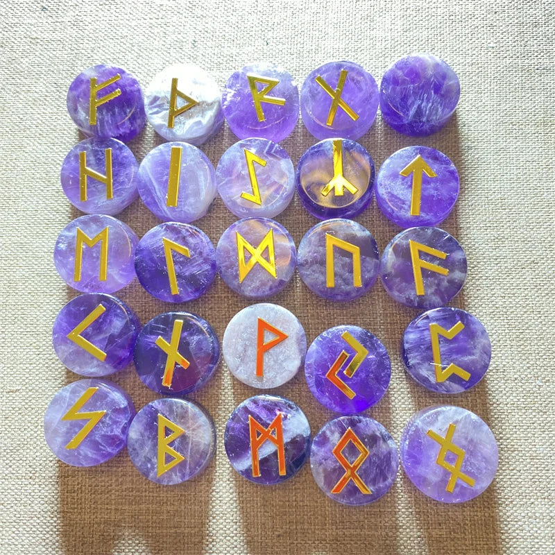 Jogo de Runas 25 Peças de Pedras Naturais: Ametista, Quartzo Rosa e Ágata Musgo