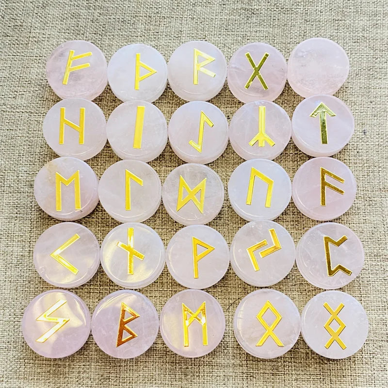 Jogo de Runas 25 Peças de Pedras Naturais: Ametista, Quartzo Rosa e Ágata Musgo