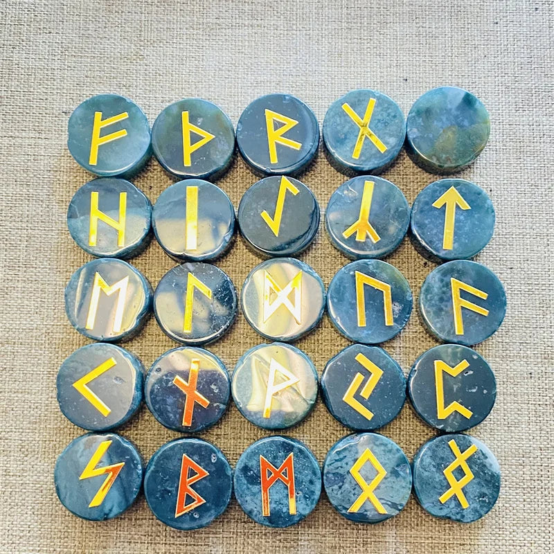 Jogo de Runas 25 Peças de Pedras Naturais: Ametista, Quartzo Rosa e Ágata Musgo