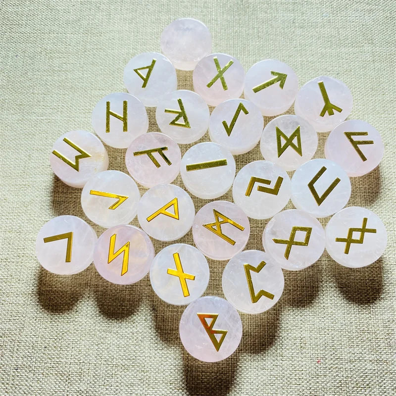 Jogo de Runas 25 Peças de Pedras Naturais: Ametista, Quartzo Rosa e Ágata Musgo