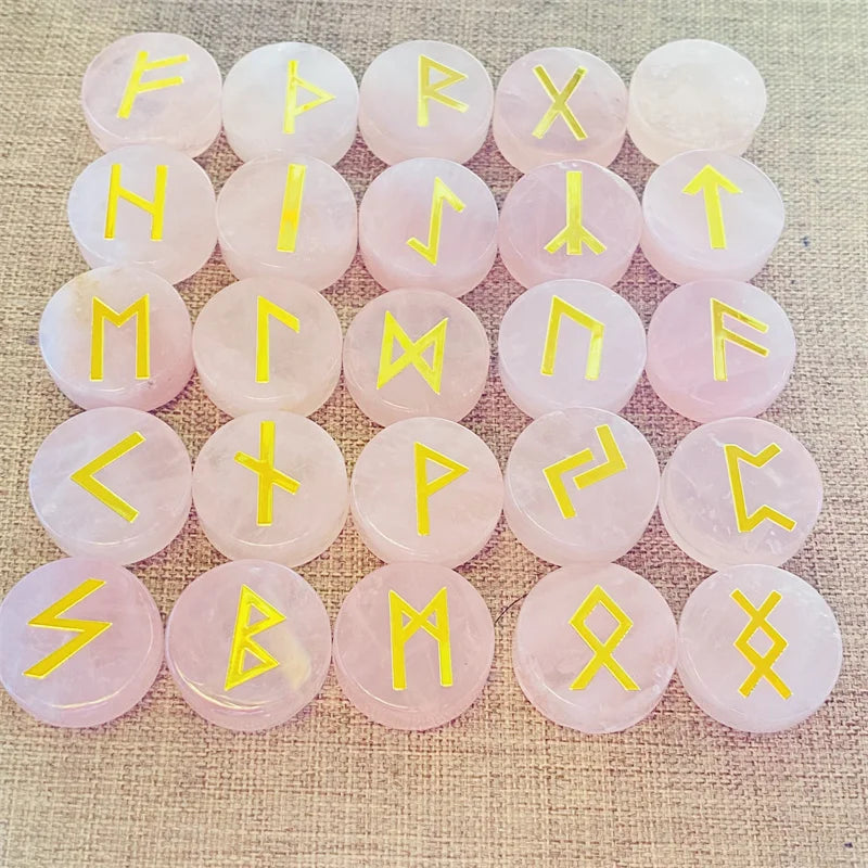 Jogo de Runas 25 Peças de Pedras Naturais: Ametista, Quartzo Rosa e Ágata Musgo