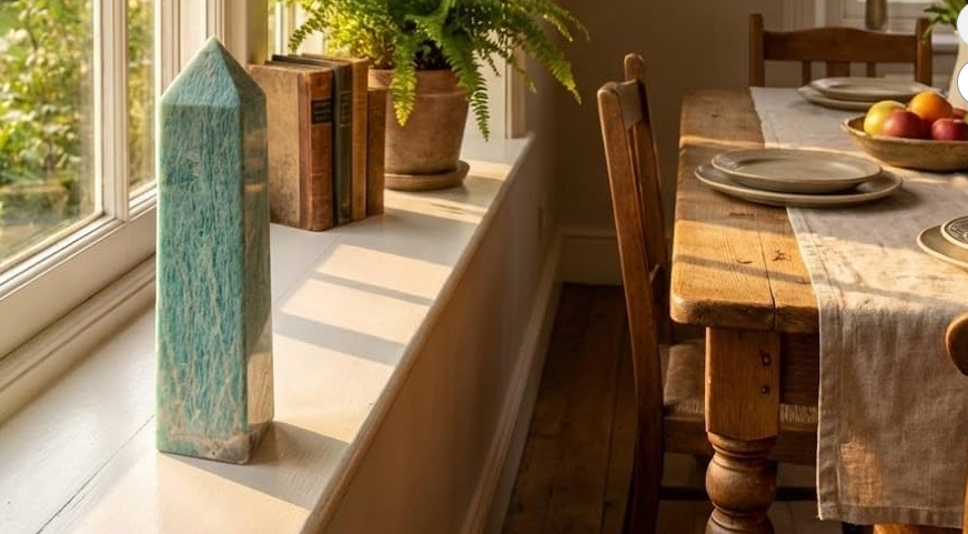 Obelisco de Amazonita Natural 16 cm polido para decoração de ambientes, meditação e coleção de cristais.