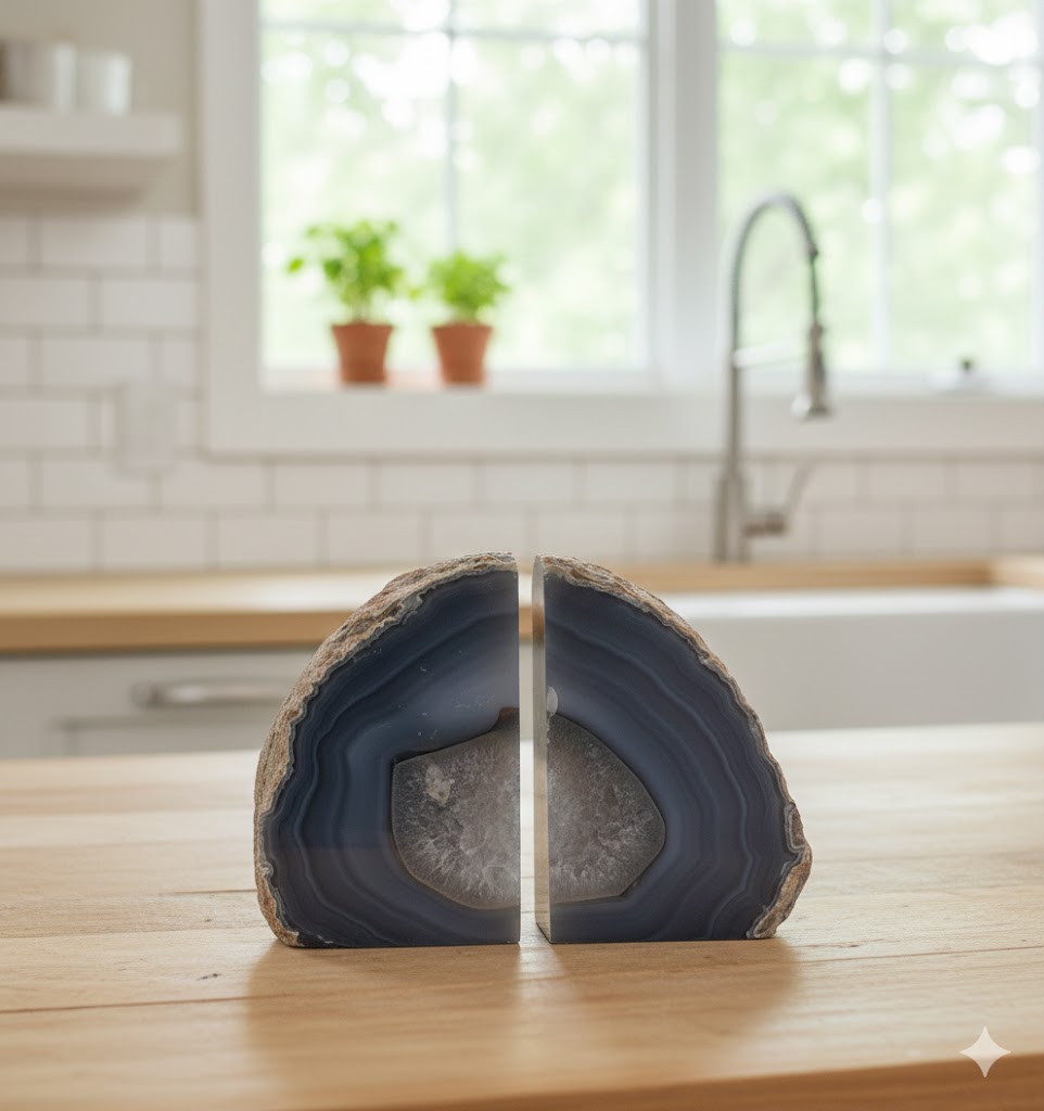 Peça Decorativa de Ágata Natural Cinza Fumê – Geodo Dividido | Peso de Livros, Ornamentação, Harmonização de Ambientes, Pedra Natural Premium - Doca Express