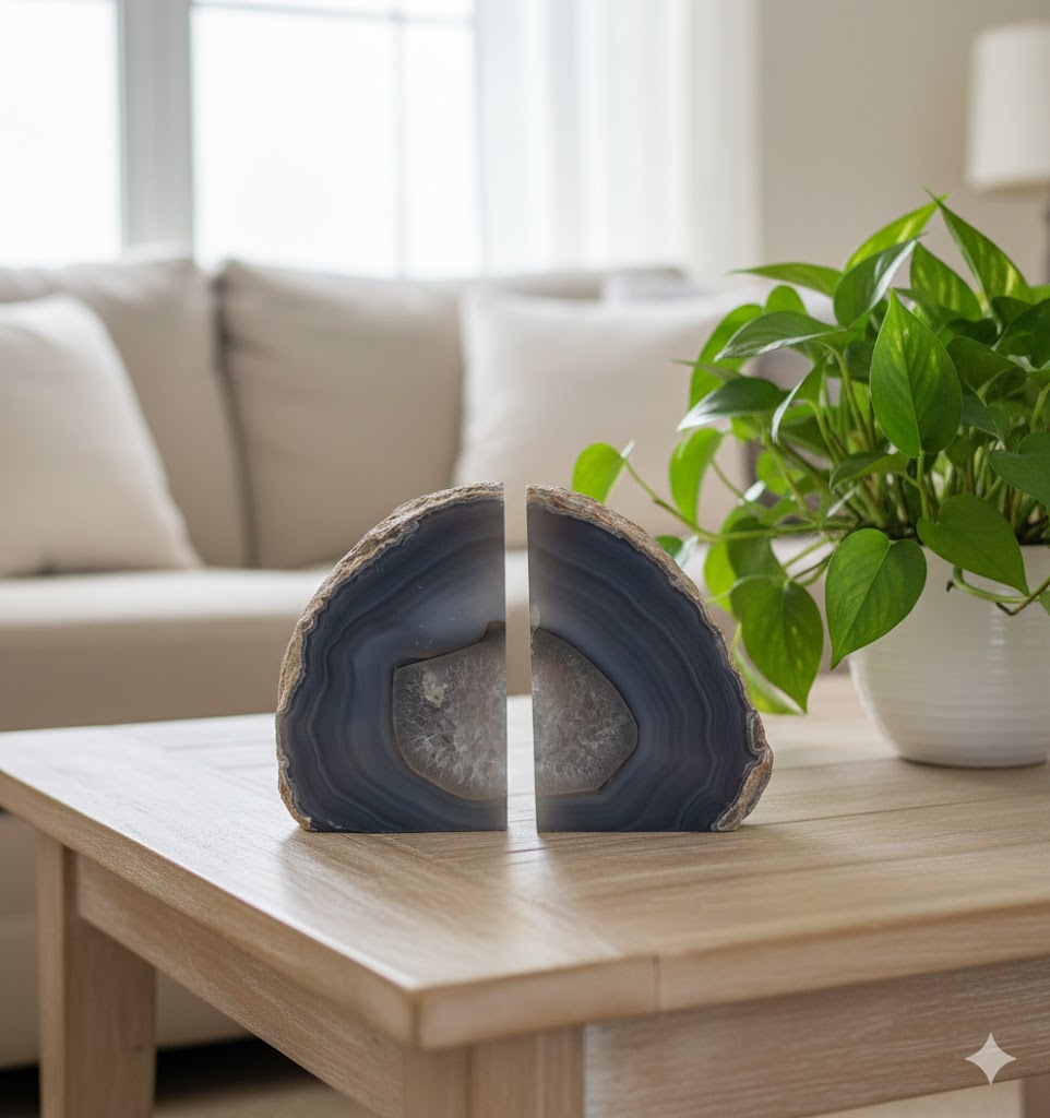 Peça Decorativa de Ágata Natural Cinza Fumê – Geodo Dividido | Peso de Livros, Ornamentação, Harmonização de Ambientes, Pedra Natural Premium - Doca Express