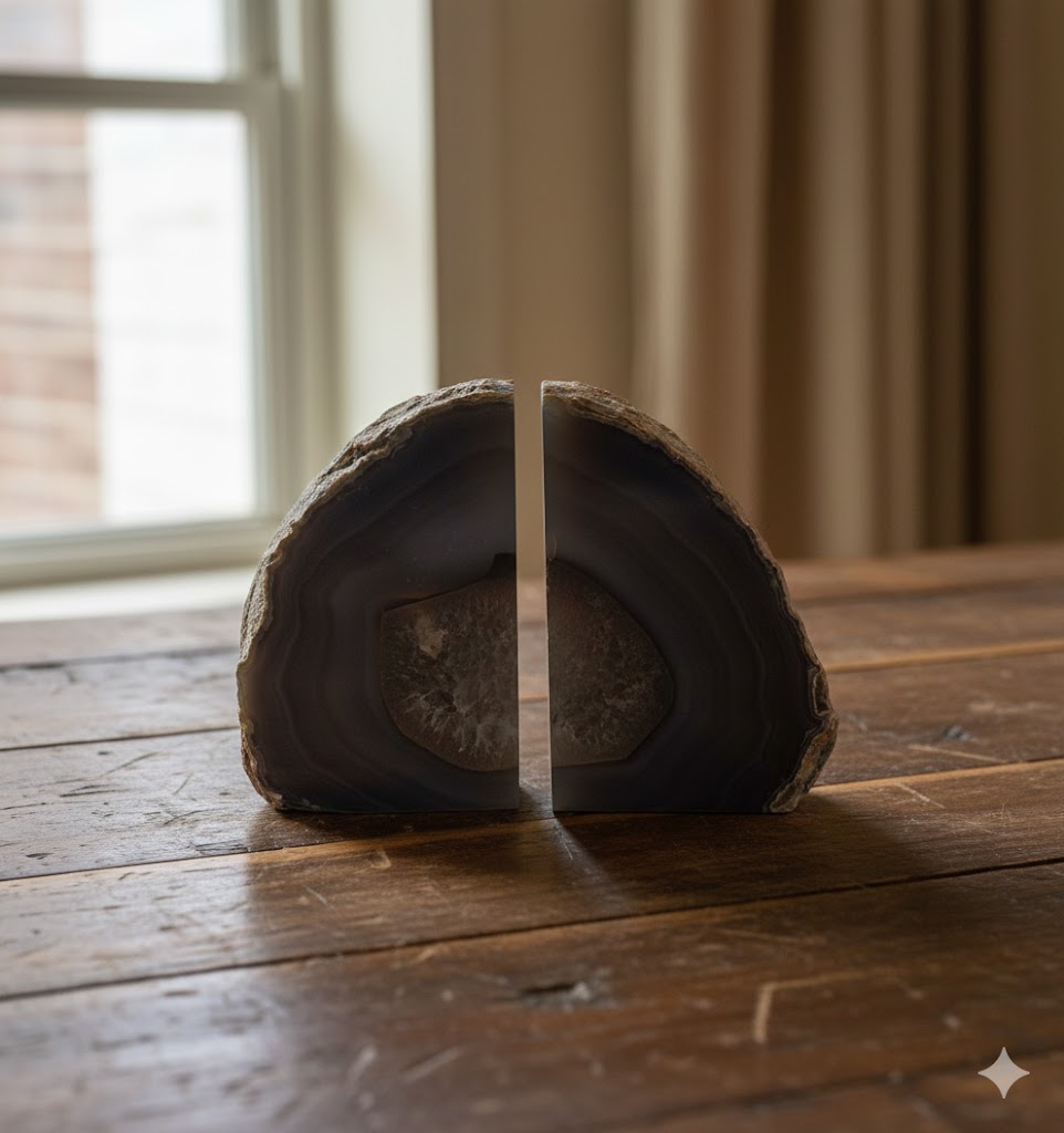 Peça Decorativa de Ágata Natural Cinza Fumê – Geodo Dividido | Peso de Livros, Ornamentação, Harmonização de Ambientes, Pedra Natural Premium - Doca Express