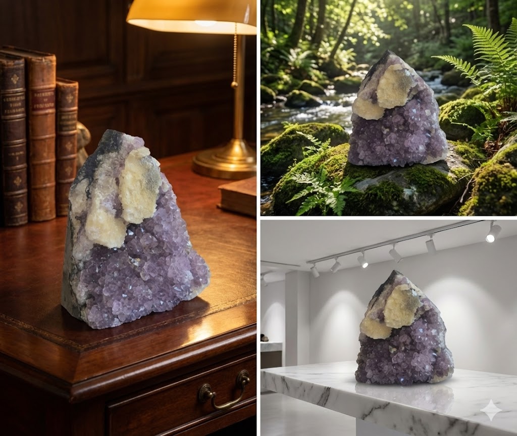 Peça Natural de Ametista com Calcita – Base Lapidada, 1,73 kg – Cristal para Decoração, Energização e Espaço Zen – Harmonia Plena