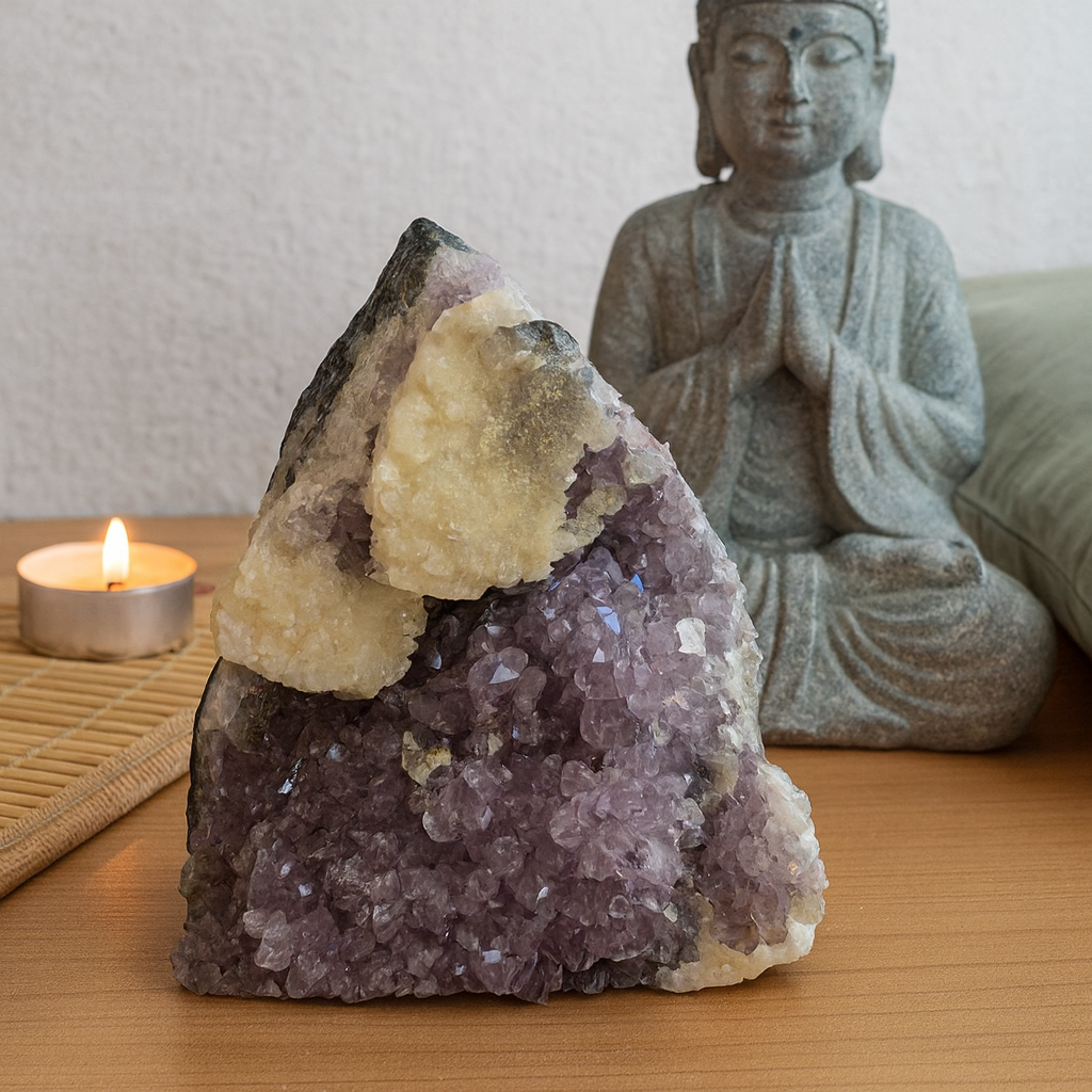Peça Natural de Ametista com Calcita – Base Lapidada, 1,73 kg – Cristal para Decoração, Energização e Espaço Zen – Harmonia Plena