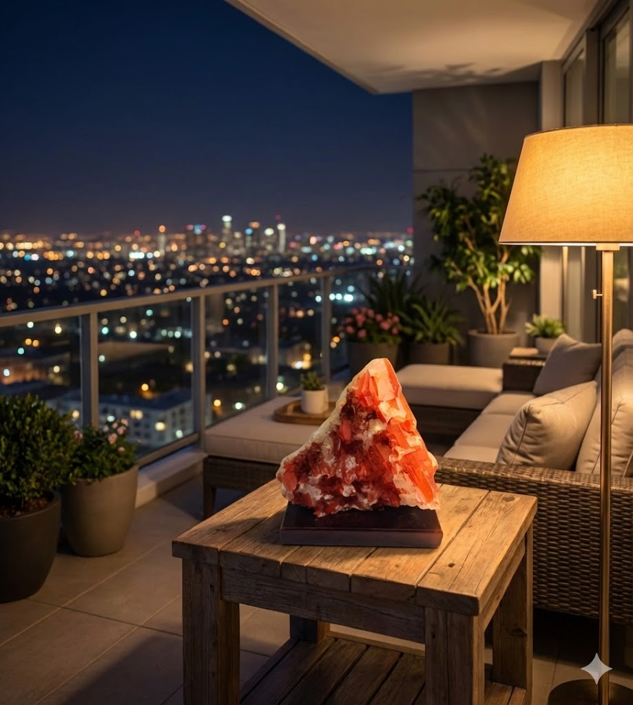 Peça de Quartzo Hematoide Natural com Base de Madeira – Cristal Vermelho (Quartzo Tangerina) para Decoração e Energia – Excelente para Coleções - 11×12×7 cm - Harmonia Plena