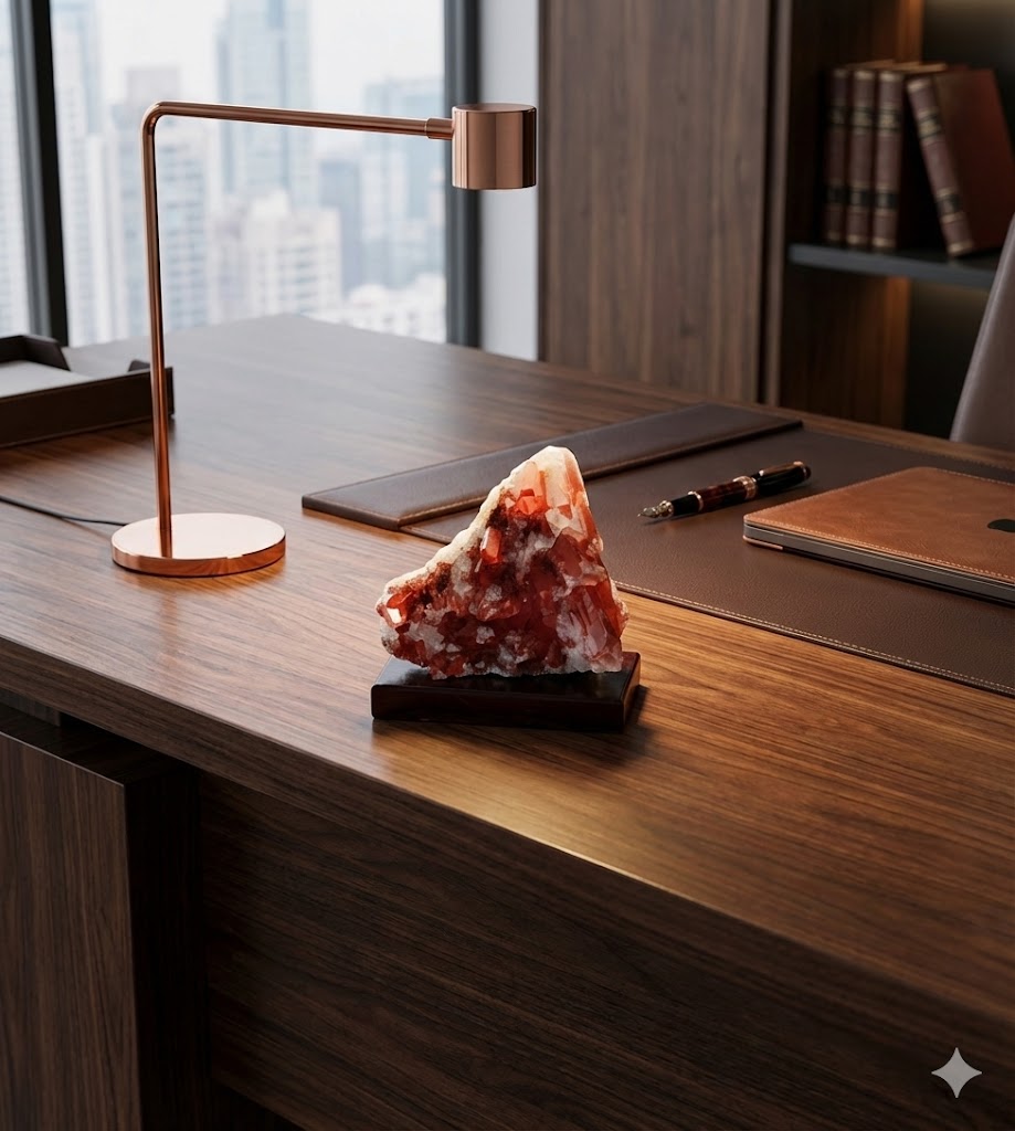 Peça de Quartzo Hematoide Natural com Base de Madeira – Cristal Vermelho (Quartzo Tangerina) para Decoração e Energia – Excelente para Coleções - 11×12×7 cm - Harmonia Plena