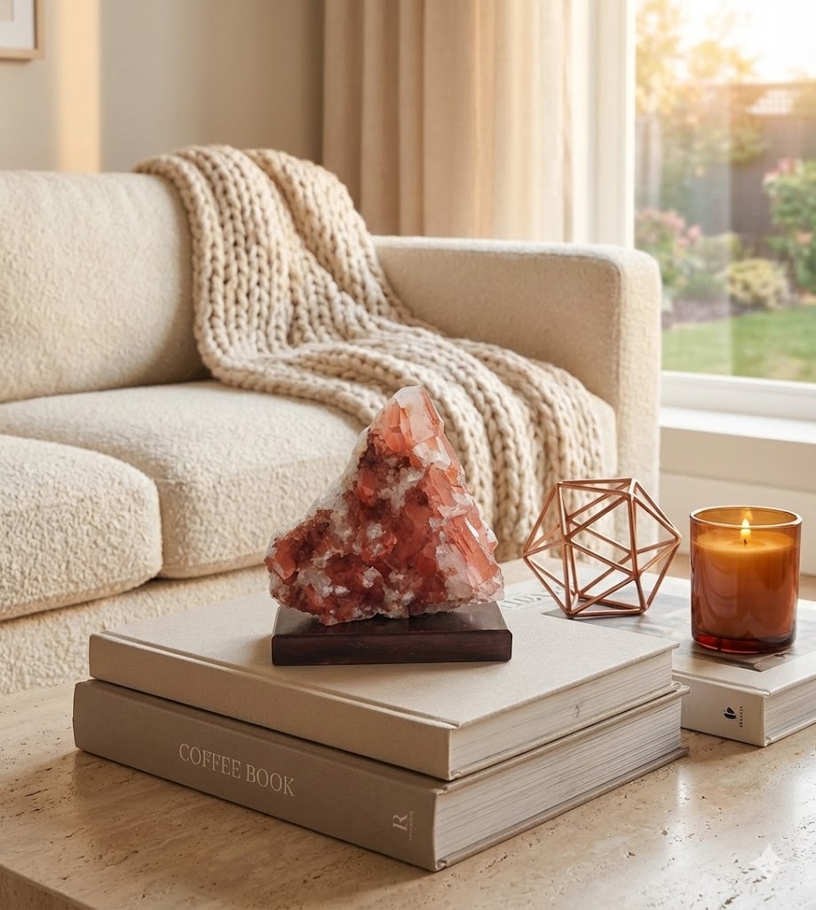 Peça de Quartzo Hematoide Natural com Base de Madeira – Cristal Vermelho (Quartzo Tangerina) para Decoração e Energia – Excelente para Coleções - 11×12×7 cm - Harmonia Plena