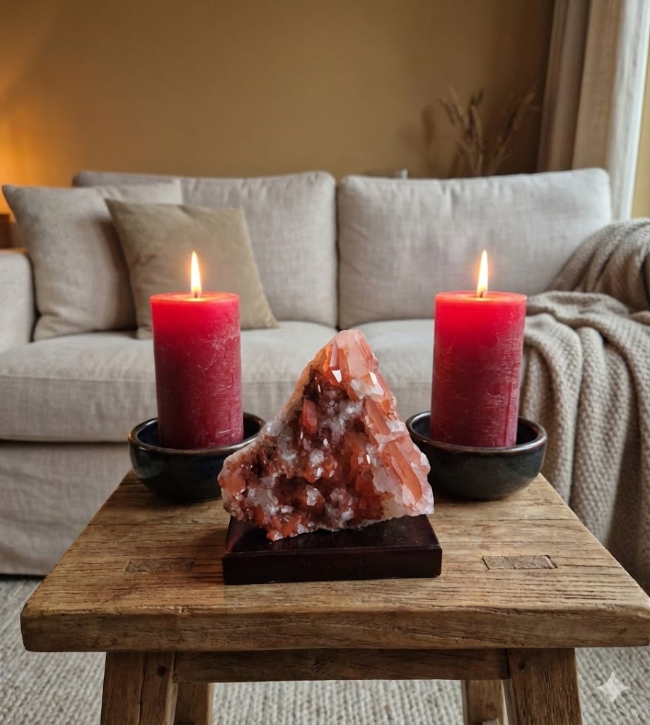 Peça de Quartzo Hematoide Natural com Base de Madeira – Cristal Vermelho (Quartzo Tangerina) para Decoração e Energia – Excelente para Coleções - 11×12×7 cm - Harmonia Plena