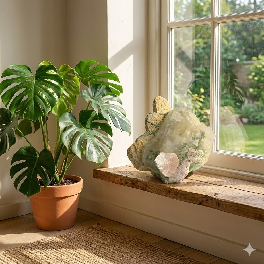 Pedra Natural Quartzo Leitoso com Clorita Verde e Mica Rosa em Matriz – Peça Bruta Colecionável 1,178 kg – Cristal Decorativo e Energia Ambiental - Harmonia Plena