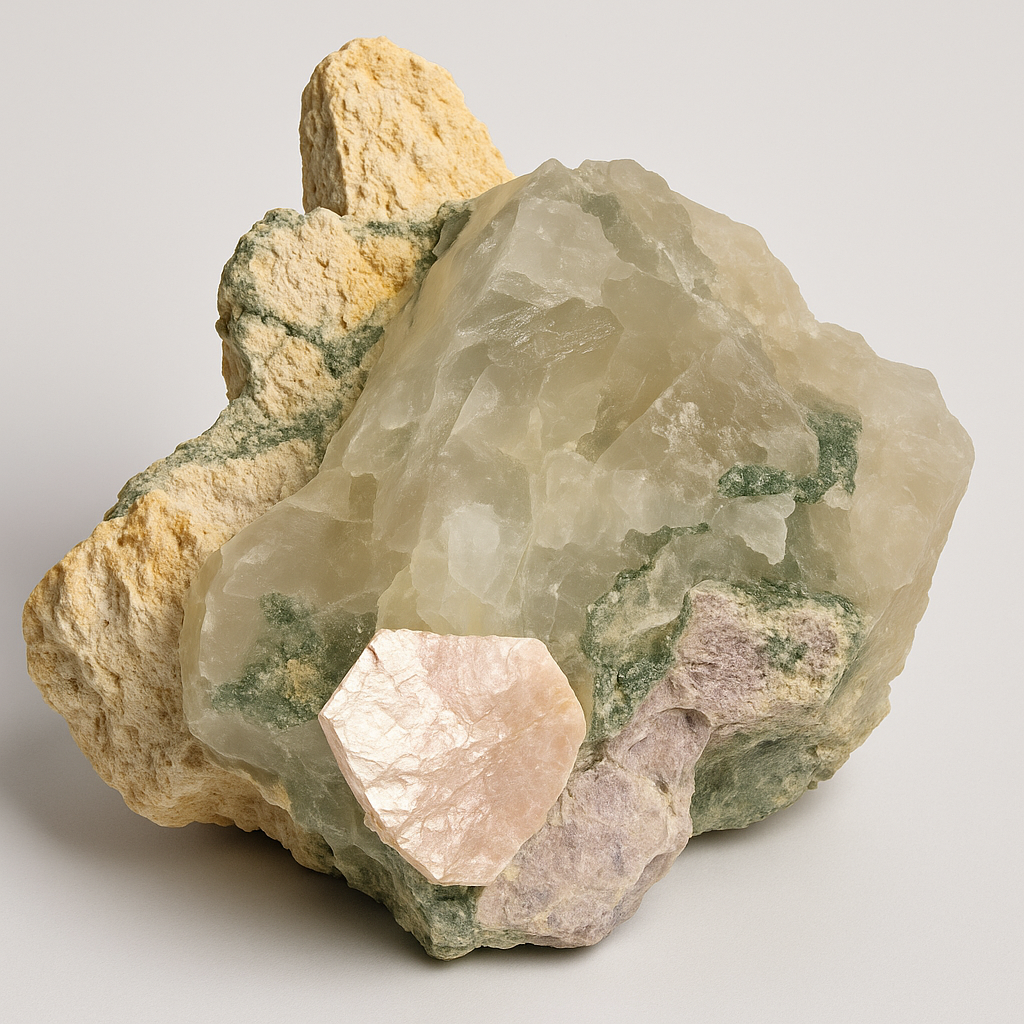 Pedra Natural Quartzo Leitoso com Clorita Verde e Mica Rosa em Matriz – Peça Bruta Colecionável 1,178 kg – Cristal Decorativo e Energia Ambiental - Harmonia Plena