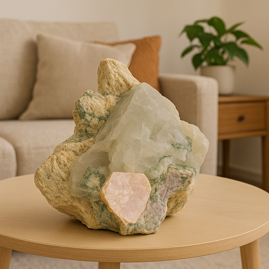 Pedra Natural Quartzo Leitoso com Clorita Verde e Mica Rosa em Matriz – Peça Bruta Colecionável 1,178 kg – Cristal Decorativo e Energia Ambiental - Harmonia Plena