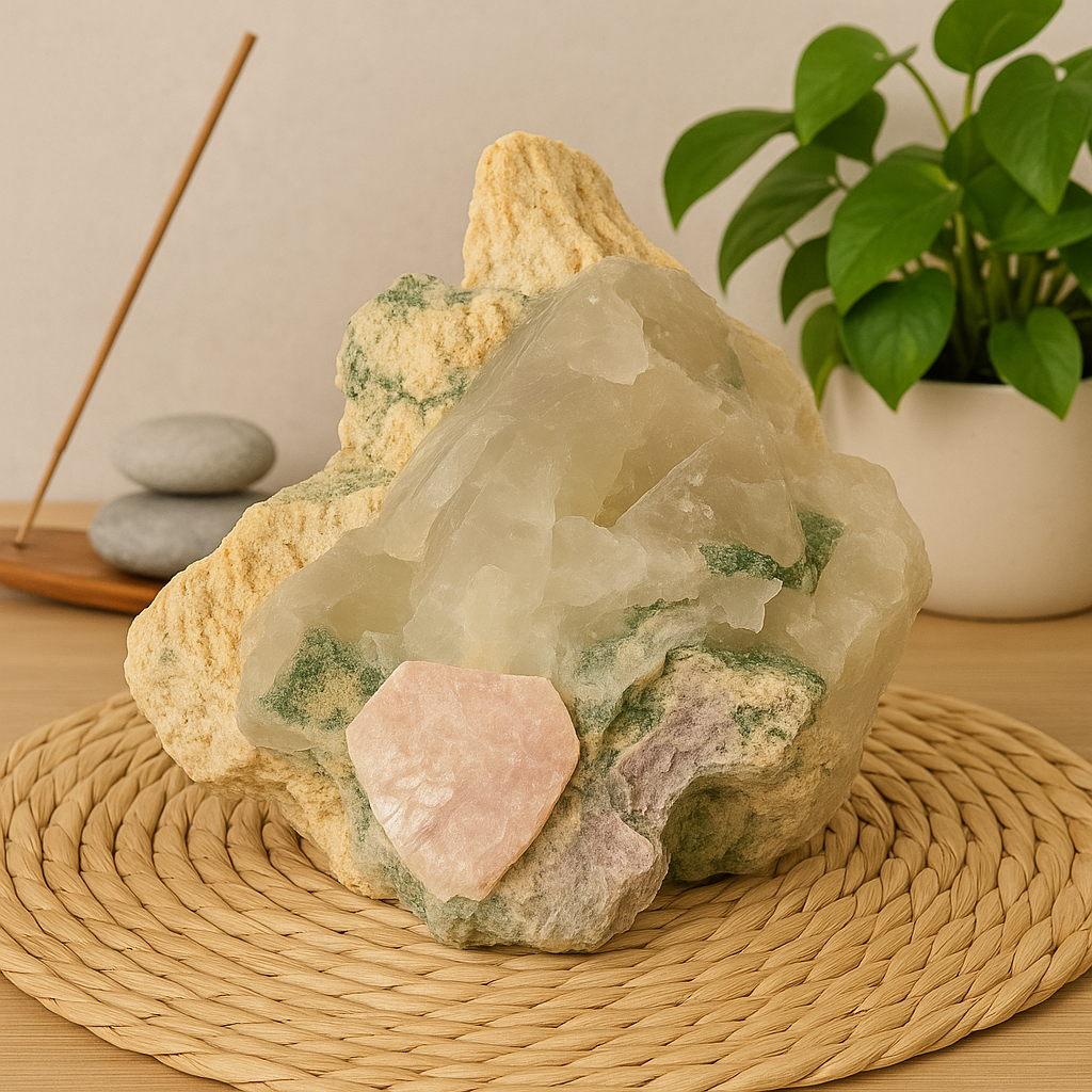Pedra Natural Quartzo Leitoso com Clorita Verde e Mica Rosa em Matriz – Peça Bruta Colecionável 1,178 kg – Cristal Decorativo e Energia Ambiental - Harmonia Plena