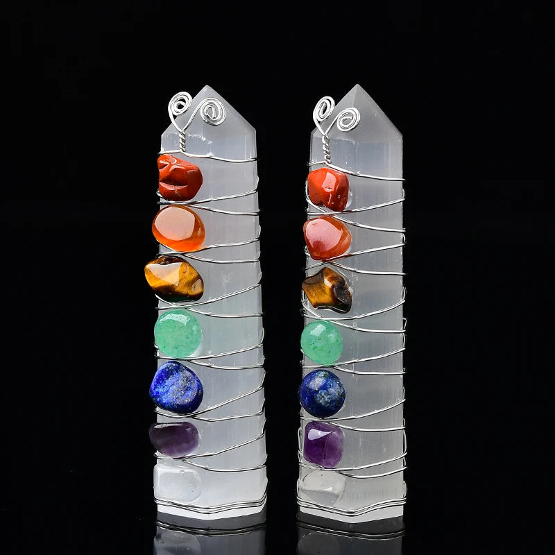Pedra Natural de Selenita com Cristais dos 7 Chakras Reiki Feng Shui