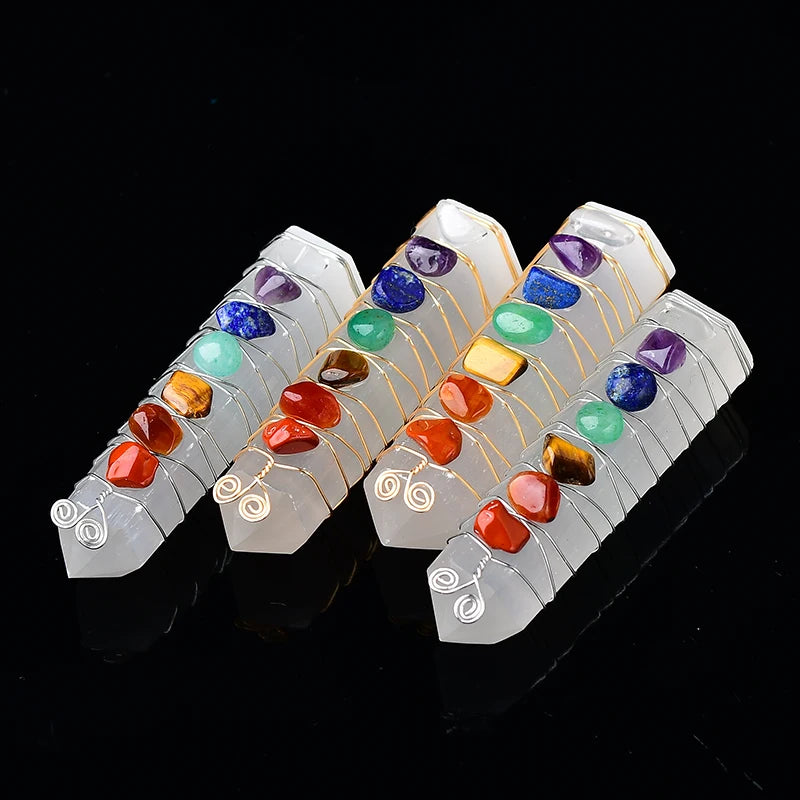 Pedra Natural de Selenita com Cristais dos 7 Chakras Reiki Feng Shui