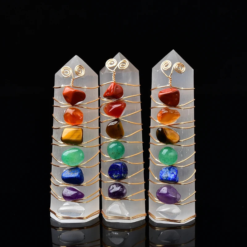 Pedra Natural de Selenita com Cristais dos 7 Chakras Reiki Feng Shui
