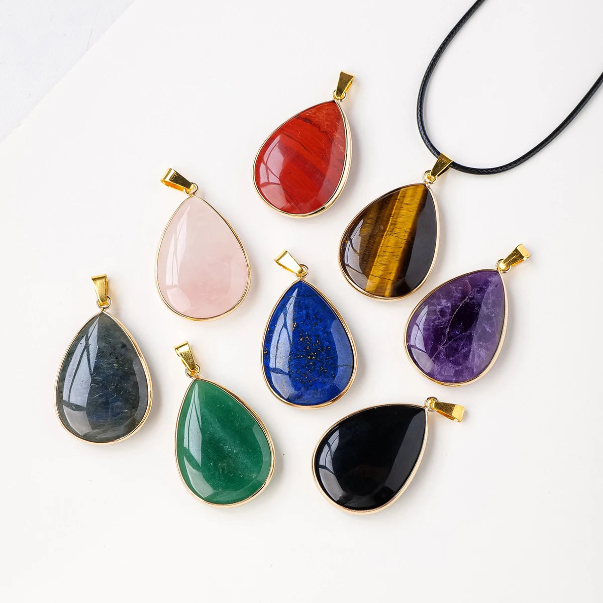 Pingente Feminino Pedra Natural Olho de Tigre Obsidiana Quartzo Rosa Metal Dourado