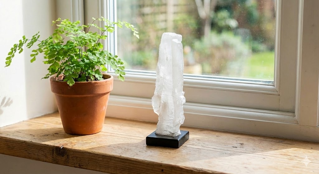 Ponta de Calcita Ótica Transparente Natural 17 cm com Base de Madeira – Cristal de Energia, Decoração Zen, Mineral Colecionável - Harmonia Plena