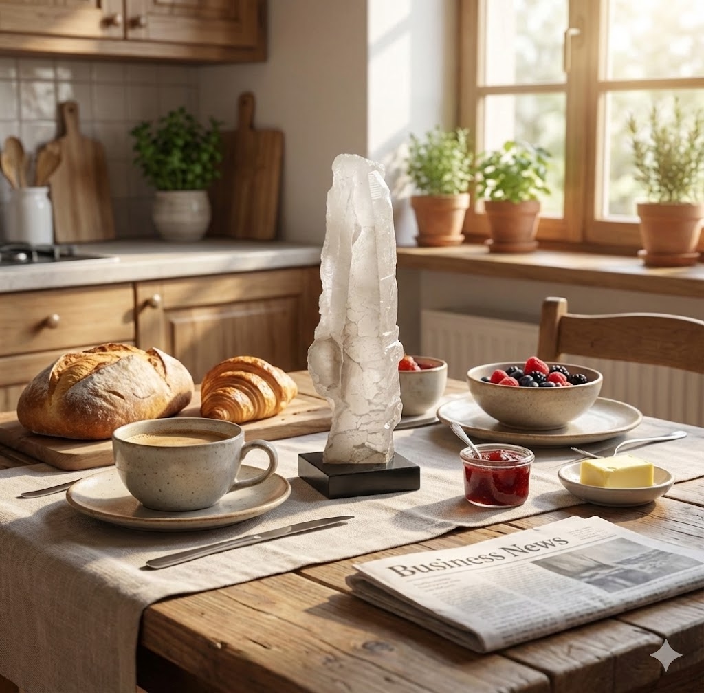 Ponta de Calcita Ótica Transparente Natural 17 cm com Base de Madeira – Cristal de Energia, Decoração Zen, Mineral Colecionável - Harmonia Plena