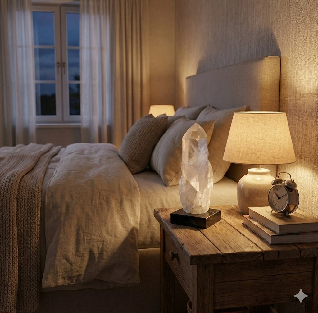 Ponta de Calcita Ótica Transparente Natural 17 cm com Base de Madeira – Cristal de Energia, Decoração Zen, Mineral Colecionável - Harmonia Plena