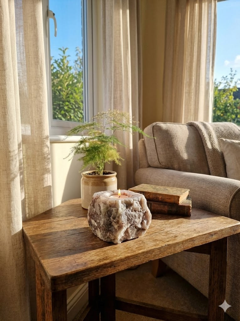 Porta-Velas de Quartzo Hematoide Natural – 850 g | Energia, Proteção e Harmonia | Peça Artesanal Única – Harmonia Plena