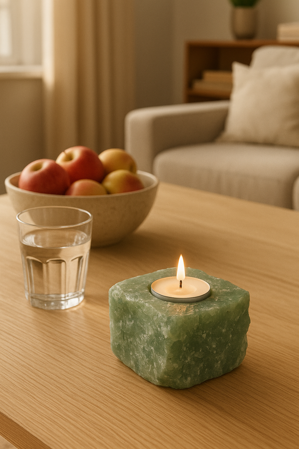 Porta-Velas de Quartzo Verde Natural - 1480 gramas - Peça Artesanal Única para Decoração, Meditação e Energia Positiva - Harmonia Plena