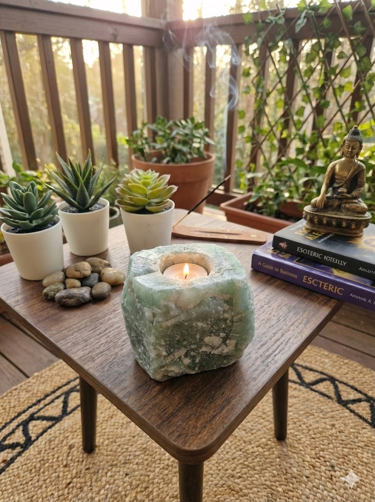 Porta-Velas de Quartzo Verde Natural - 1480 gramas - Peça Artesanal Única para Decoração, Meditação e Energia Positiva - Harmonia Plena