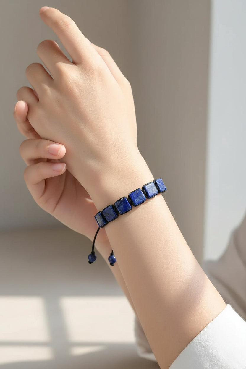 Pulseira Ajustável Pedra Natural Lápiz-Lazúli de 10mm Unissex Cristais Semi Joias Reiki Feng Shui