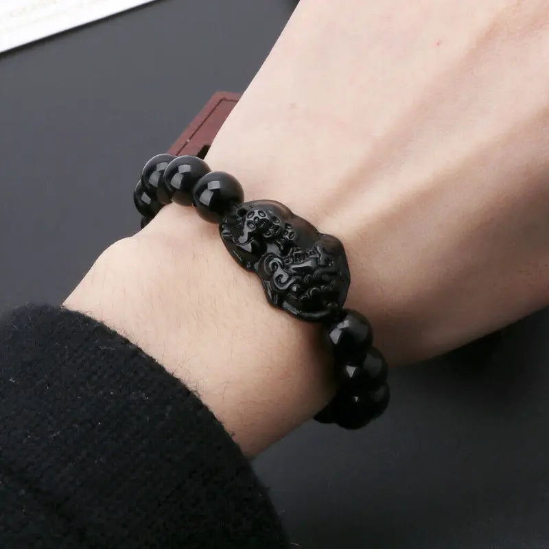 Pulseira Pedra Natural Obsidiana com Pi Xiu - Amuleto da Riqueza e Proteção Feng Shui