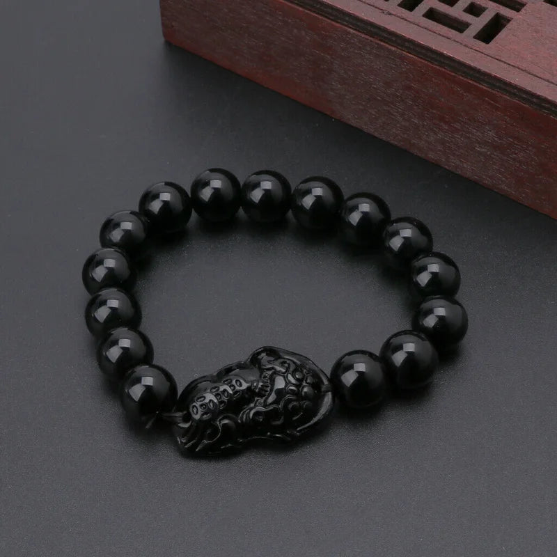 Pulseira Pedra Natural Obsidiana com Pi Xiu - Amuleto da Riqueza e Proteção Feng Shui
