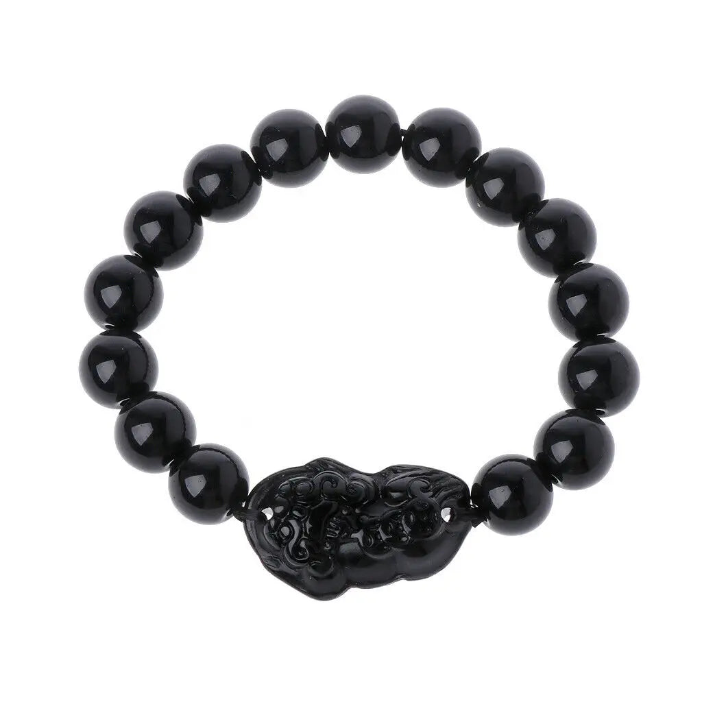 Pulseira Pedra Natural Obsidiana com Pi Xiu - Amuleto da Riqueza e Proteção Feng Shui