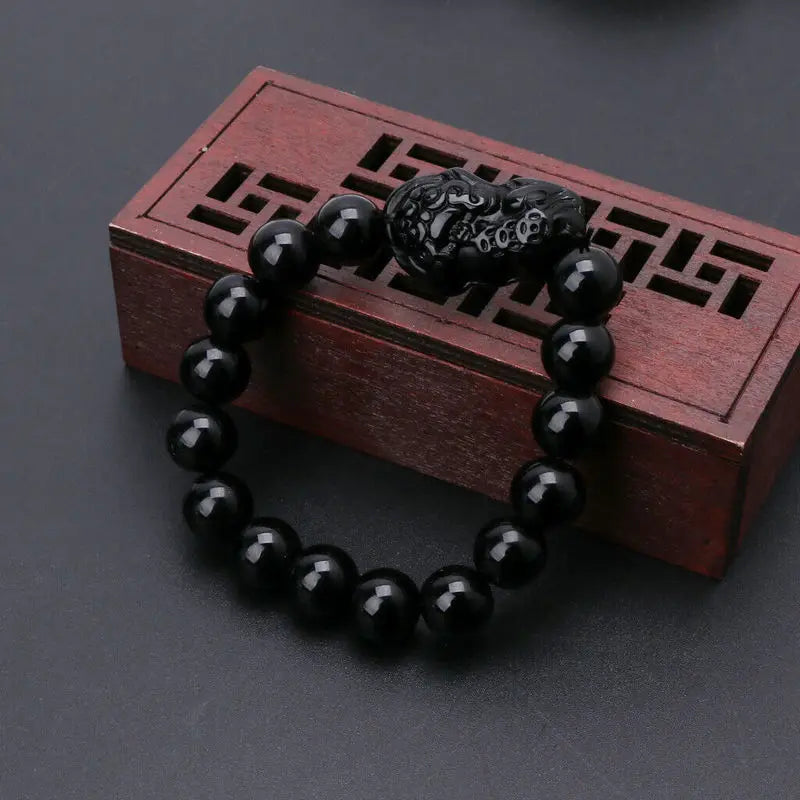 Pulseira Pedra Natural Obsidiana com Pi Xiu - Amuleto da Riqueza e Proteção Feng Shui
