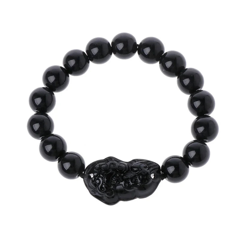 Pulseira Pedra Natural Obsidiana com Pi Xiu - Amuleto da Riqueza e Proteção Feng Shui