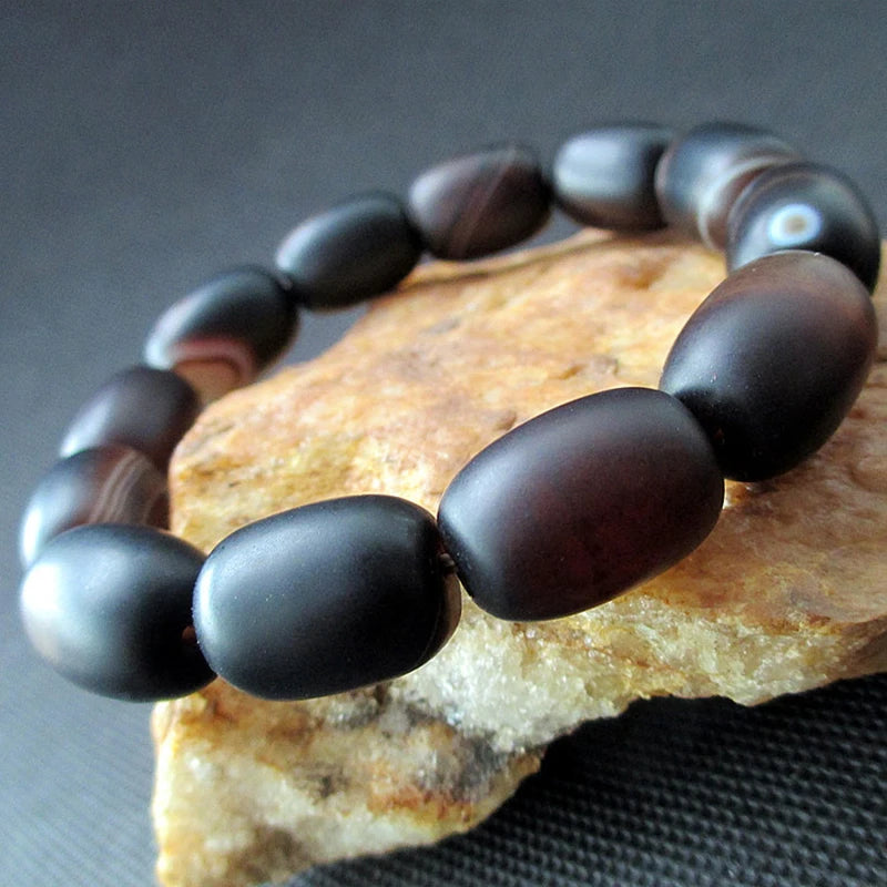 Pulseira Unissex de Sardonyx Natural - Amuleto de Sorte Multicolorido - Ágata Fosca Elíptica - Moda e Qualidade - Semi Joias - Reiki - Feng Shui - Pedras Naturais