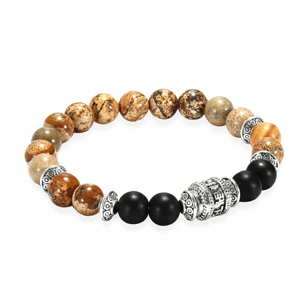 Pulseira de Pedra Natural com Mantra OM MANI PADME HUM - Pulseira Masculina e Feminina, Moda e Joias - Pedras Naturais - Semi Joias