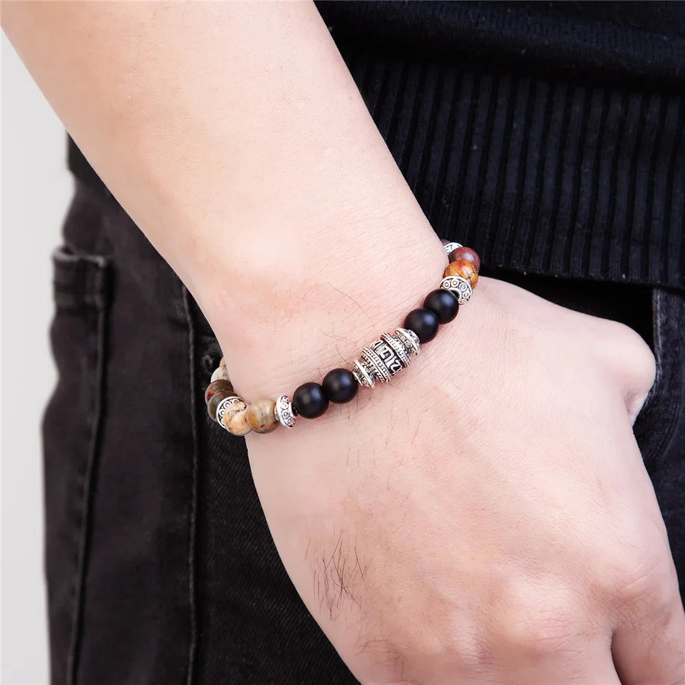 Pulseira de Pedra Natural com Mantra OM MANI PADME HUM - Pulseira Masculina e Feminina, Moda e Joias - Pedras Naturais - Semi Joias