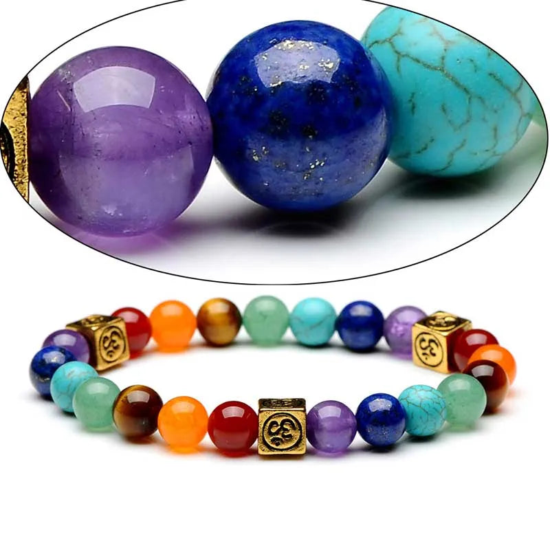 Pulseiras de Contas de Pedras Naturais - 7 Chakras - Pulseiras de Ioga e Cura Unissex - Joias de Sorte e Proteção - Semi Joias - Reiki - Cristais
