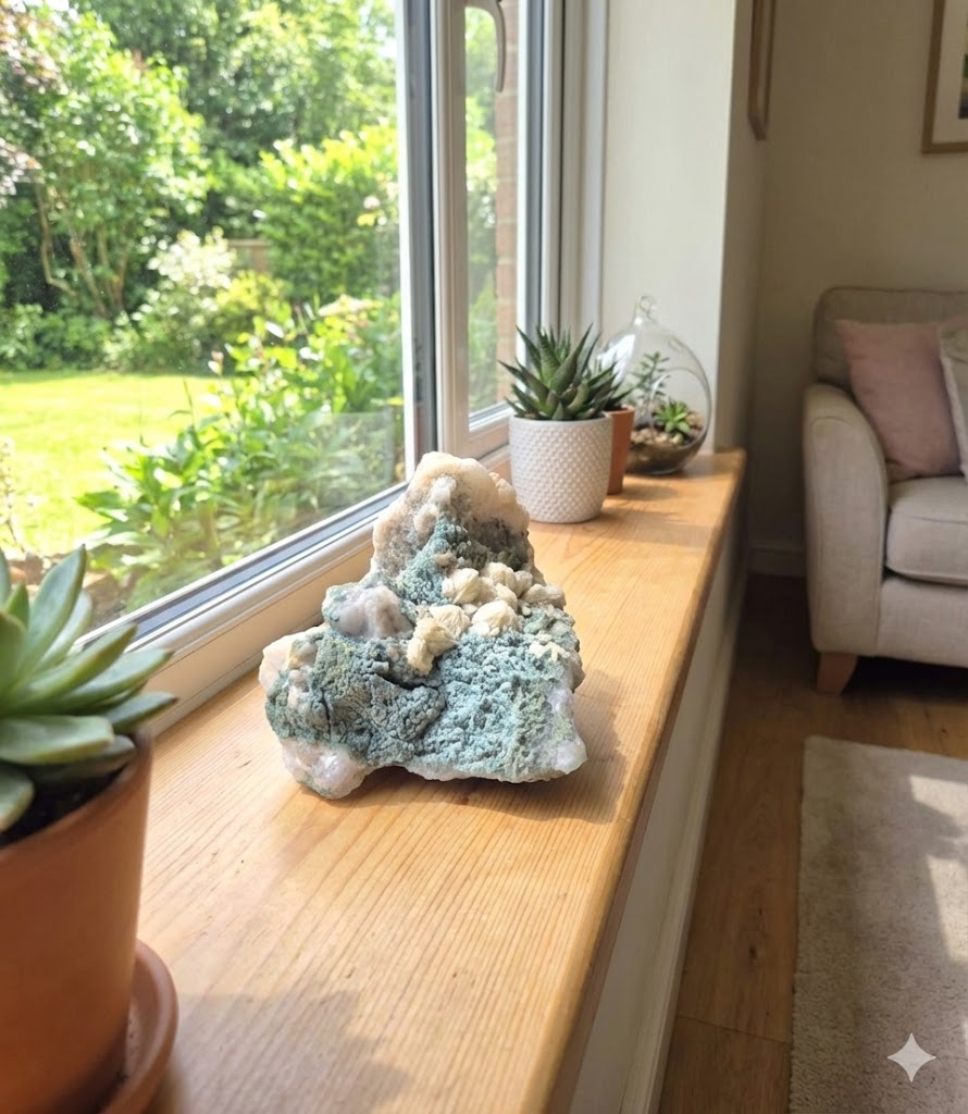 Rosetas de Barita Natural em Matriz Verde – Peça Mineral de 816 g | Barita Rósea com Crisocola/Malaquita | Decoração para Sala, Escritório e Espaços Zen | Energia de Aterramento e Clareza -Harmonia Plena