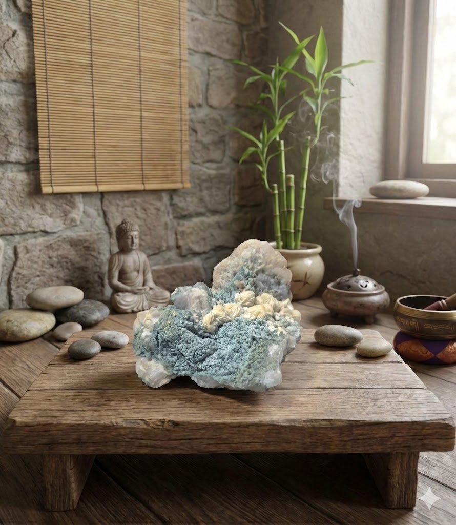 Rosetas de Barita Natural em Matriz Verde – Peça Mineral de 816 g | Barita Rósea com Crisocola/Malaquita | Decoração para Sala, Escritório e Espaços Zen | Energia de Aterramento e Clareza -Harmonia Plena