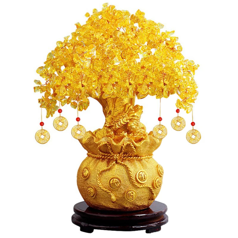 Árvore da Sorte com Cristal Amarelo - Ornamento de Dinheiro Natural em Estilo Bonsai para Prosperidade e Feng Shui