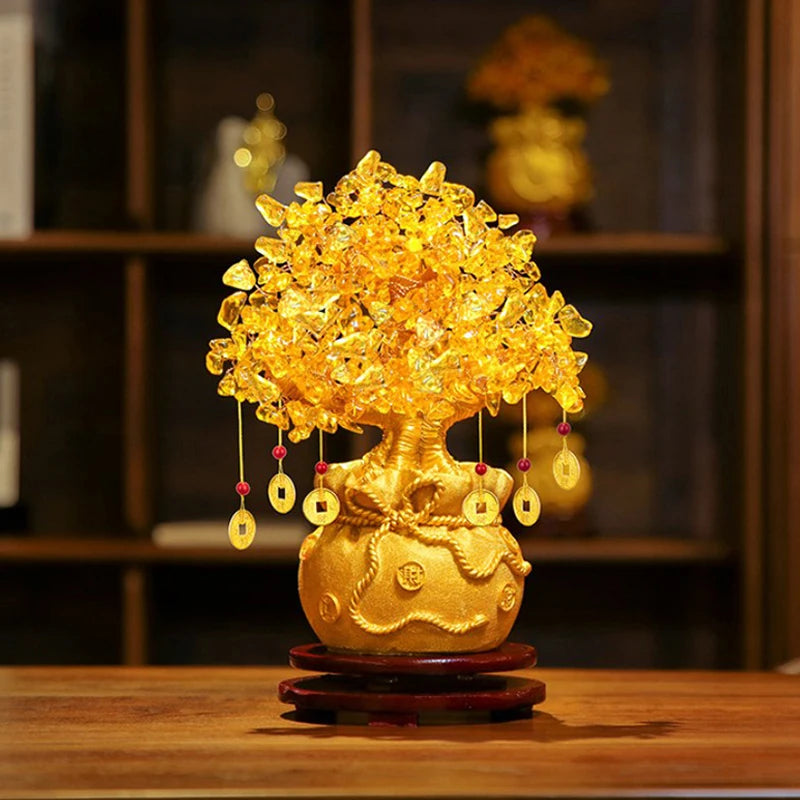 Árvore da Sorte com Cristal Amarelo - Ornamento de Dinheiro Natural em Estilo Bonsai para Prosperidade e Feng Shui