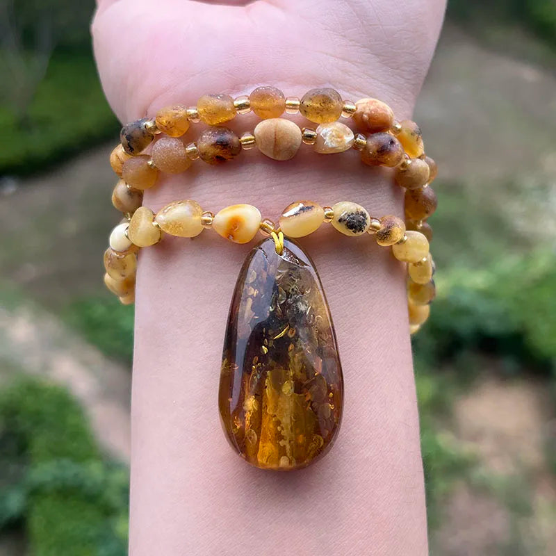 Colar de Âmbar Natural 100% Original com Pingente - Contas Irregulares - Pedras Naturais - Reiki - Feng -Shui - Semi Joias