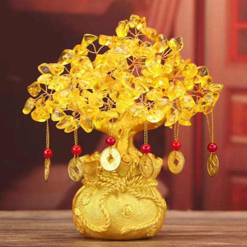 Árvore da Sorte com Cristal Amarelo - Ornamento de Dinheiro Natural em Estilo Bonsai para Prosperidade e Feng Shui