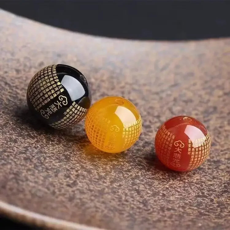 Contas Soltas de Ágata 4A com Douramento e Mantra - Budista Feng Shui