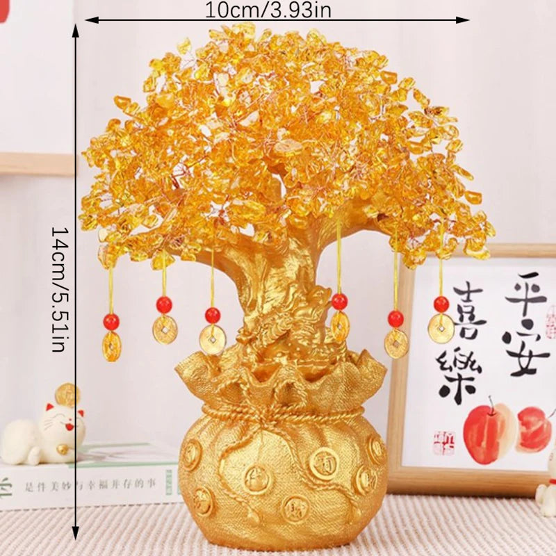Árvore da Sorte com Cristal Amarelo - Ornamento de Dinheiro Natural em Estilo Bonsai para Prosperidade e Feng Shui