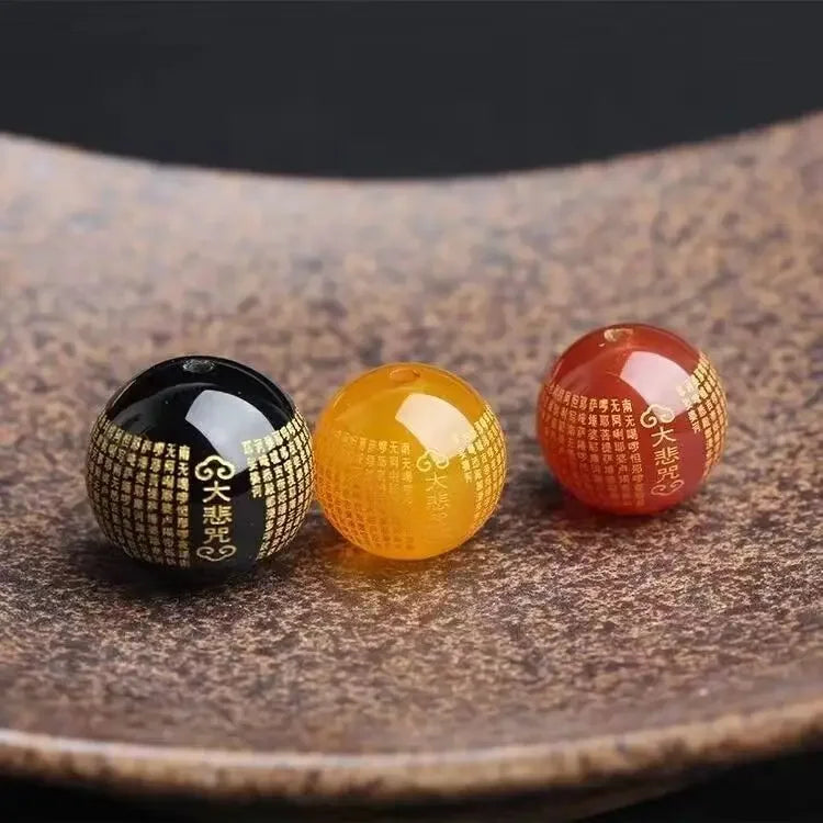 Contas Soltas de Ágata 4A com Douramento e Mantra - Budista Feng Shui