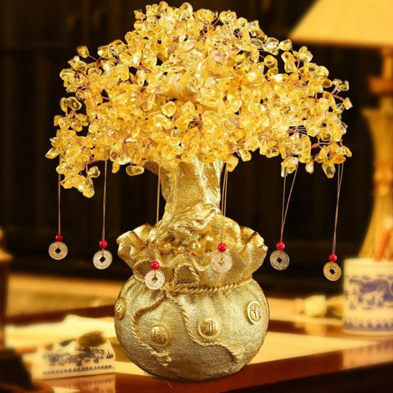 Árvore da Sorte com Cristal Amarelo - Ornamento de Dinheiro Natural em Estilo Bonsai para Prosperidade e Feng Shui